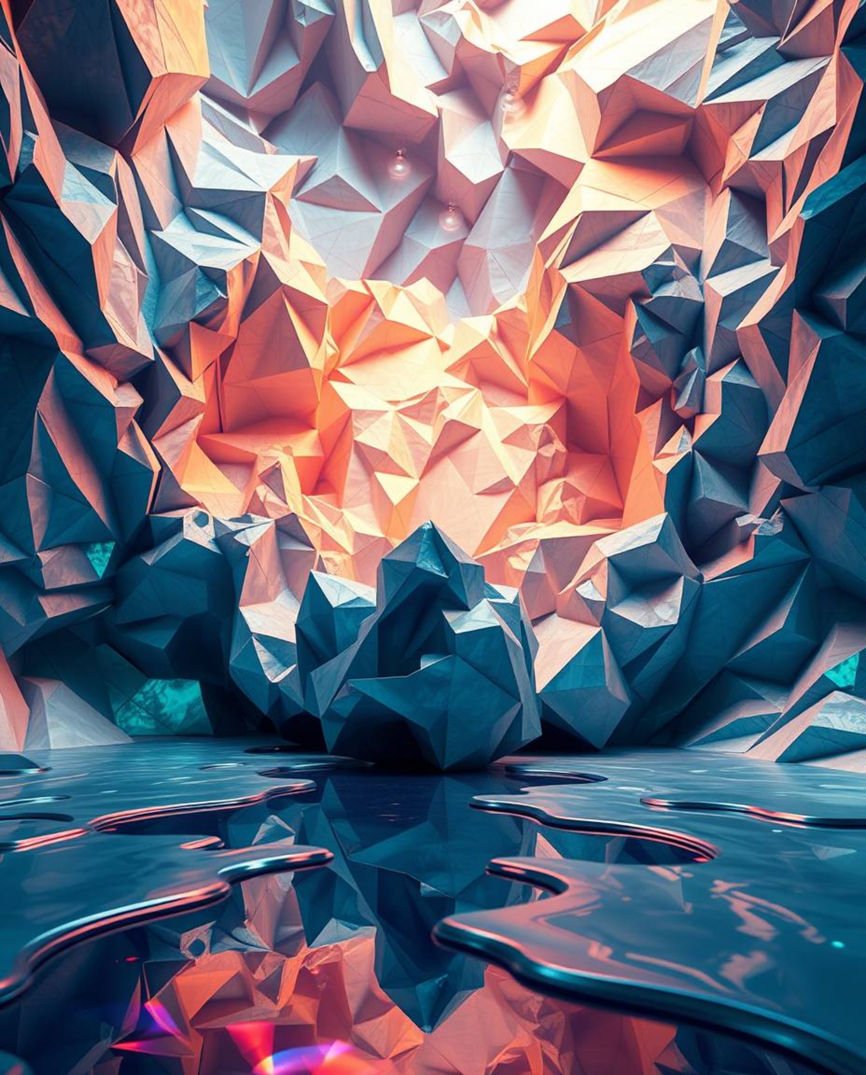 Explore a stunning visual masterpiece featuring intricate origami-style 3D fluid sculptures crafted from mercury. This artwor