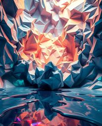 Explore a stunning visual masterpiece featuring intricate origami-style 3D fluid sculptures crafted from mercury. This artwor