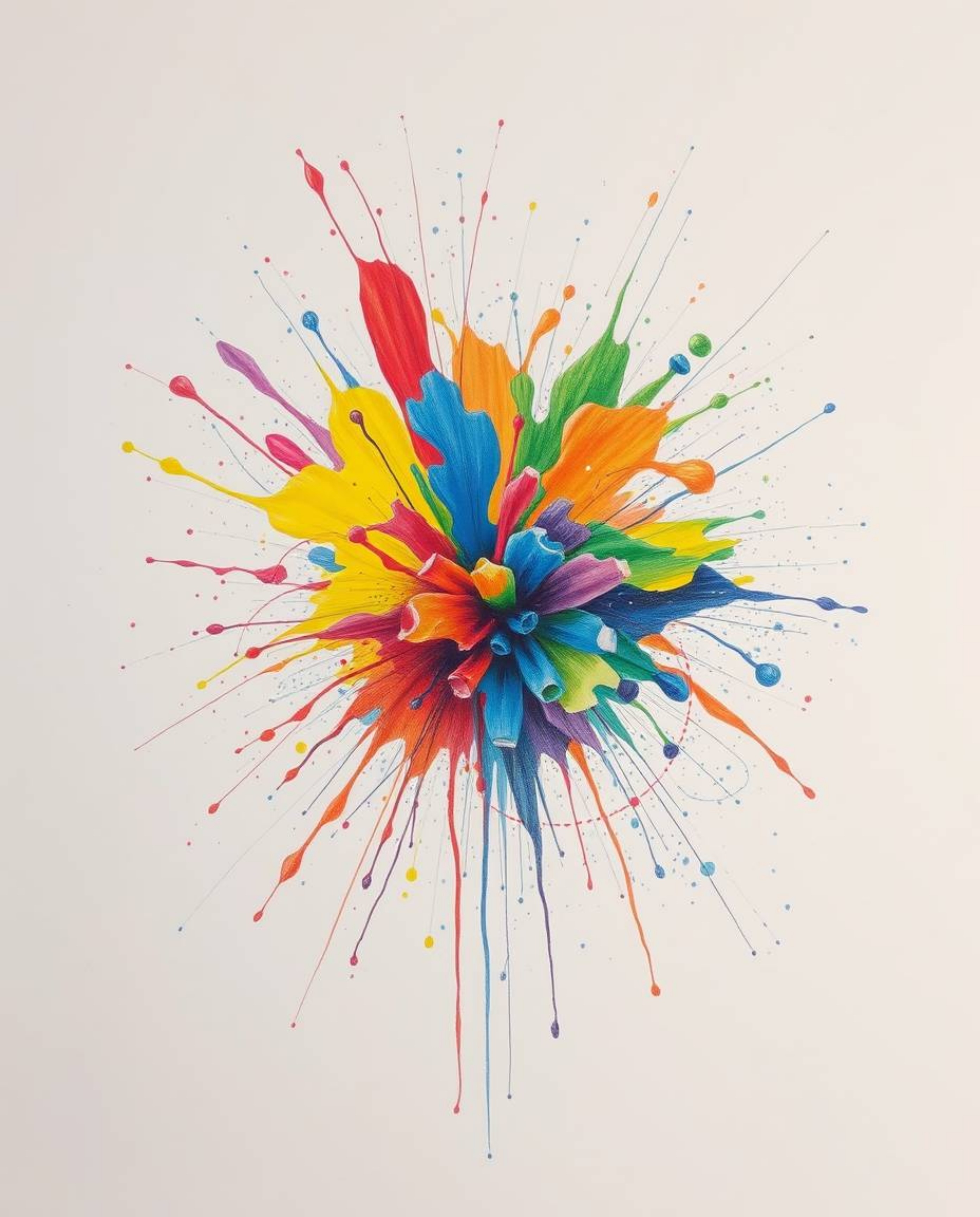 A vibrant and energetic hand-drawn sketch capturing a massive explosion of colorful paint splashes against a stark white canv