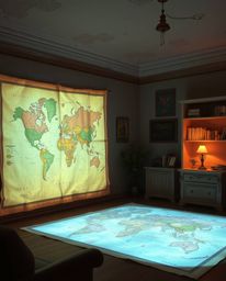 An ethereal scene unfolds in an old study, where a glowing map is projected, casting soft pastel colors and creating a gentle