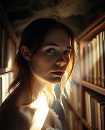 A person with serene facial features and fair skin stumbles upon a hidden underground library bathed in ethereal spiritual vi