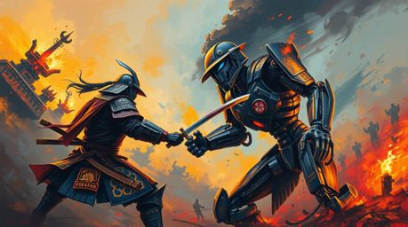 This bold acrylic painting depicts a thrilling samurai versus robot battle set in a dystopian world. The artwork features a w