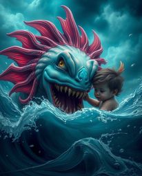 A captivating image depicting a vibrant and luxurious scene of a sea creature and a child amidst a dramatic stormy sea. The