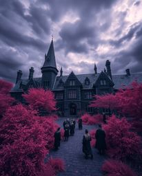 Explore a magical school teeming with young wizards, captured with intense dramatic weather and surreal infrared tones. The i