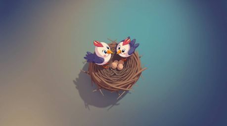 A captivating high-angle shot depicts two charming cartoon birds diligently constructing their nest, rendered in a classic an