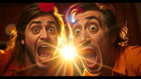 This image depicts a hilarious gross-out comedy scene featuring exaggerated facial expressions.  The vibrant color palette of