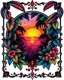 A symbolic traditional tattoo art print showcasing the iridescent colors and reflections of a sunset viewed through a dense j