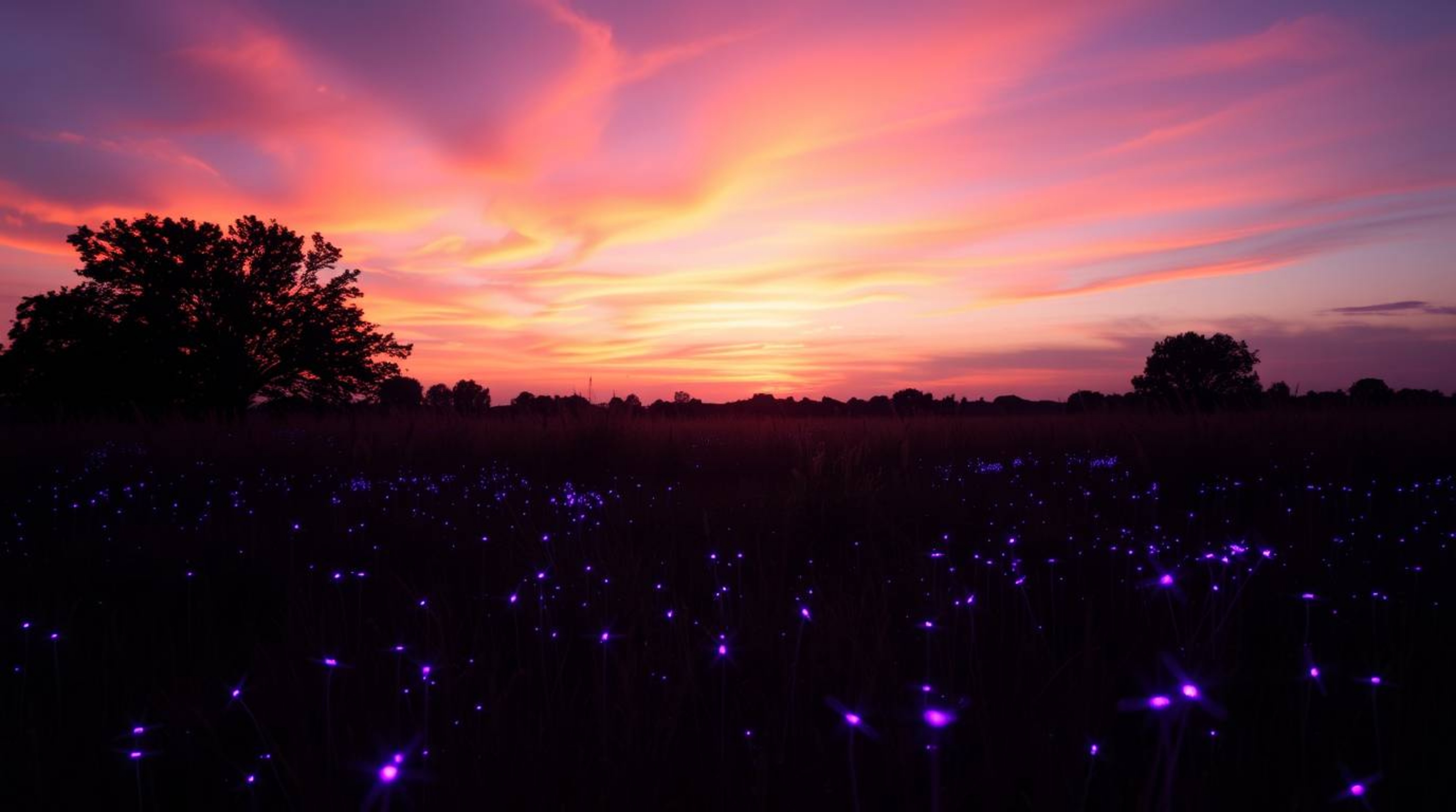 Experience the magic of a vibrant sunset painting the sky above a quiet meadow, where bioluminescent fireflies emerge, emitti