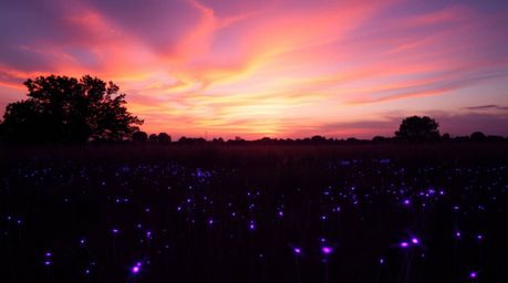 Experience the magic of a vibrant sunset painting the sky above a quiet meadow, where bioluminescent fireflies emerge, emitti