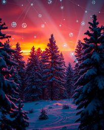 A work of futuristic sci-fi light art depicts sunset light sparkling on snowy pine trees. This innovative piece uses abstract