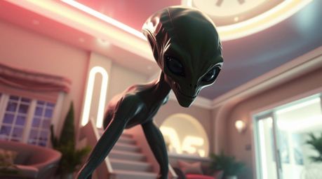 A bright and epic scene portraying an alien residing in a suburban house, visualized in a modern futuristic style. The artwor