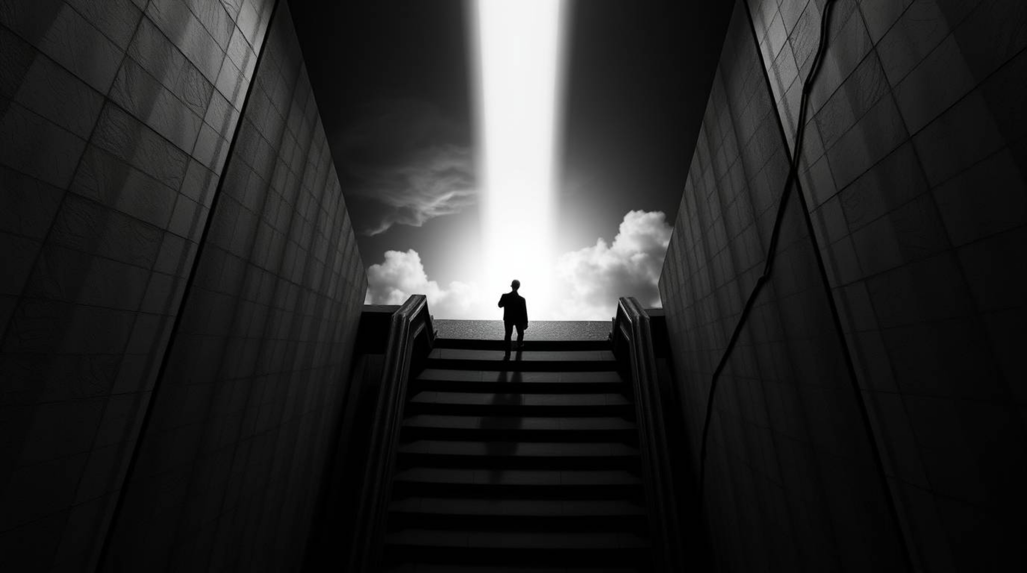A captivating black and white image featuring a lone figure ascending a stone staircase towards a radiant beam of light, set 