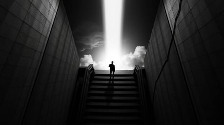 A captivating black and white image featuring a lone figure ascending a stone staircase towards a radiant beam of light, set 