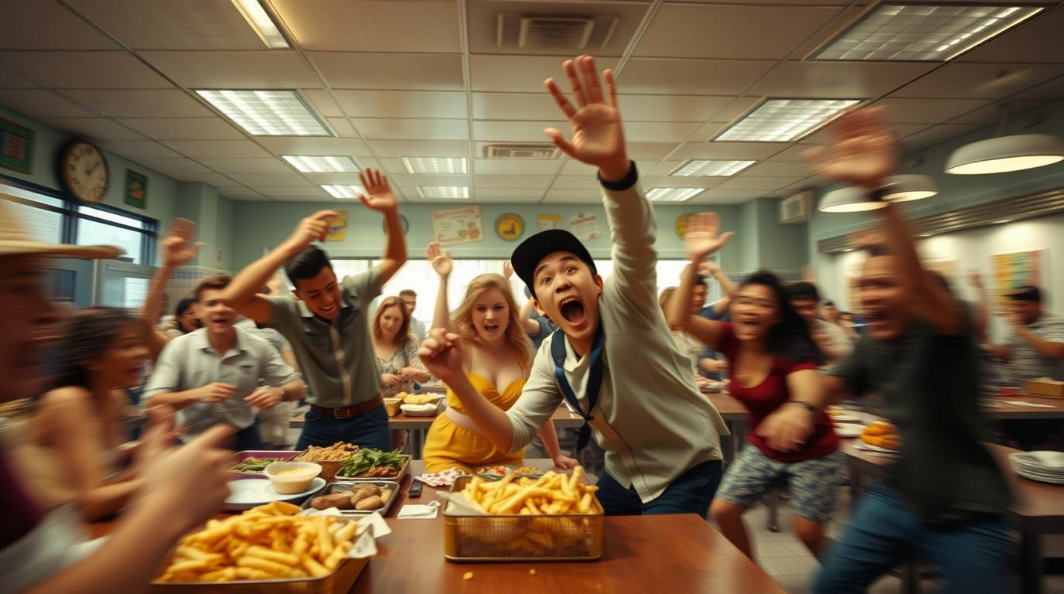 Capture the chaotic energy of a wild food fight in a cartoon cafeteria with this dynamic fine art photograph. Blurred lines a