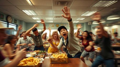 Capture the chaotic energy of a wild food fight in a cartoon cafeteria with this dynamic fine art photograph. Blurred lines a