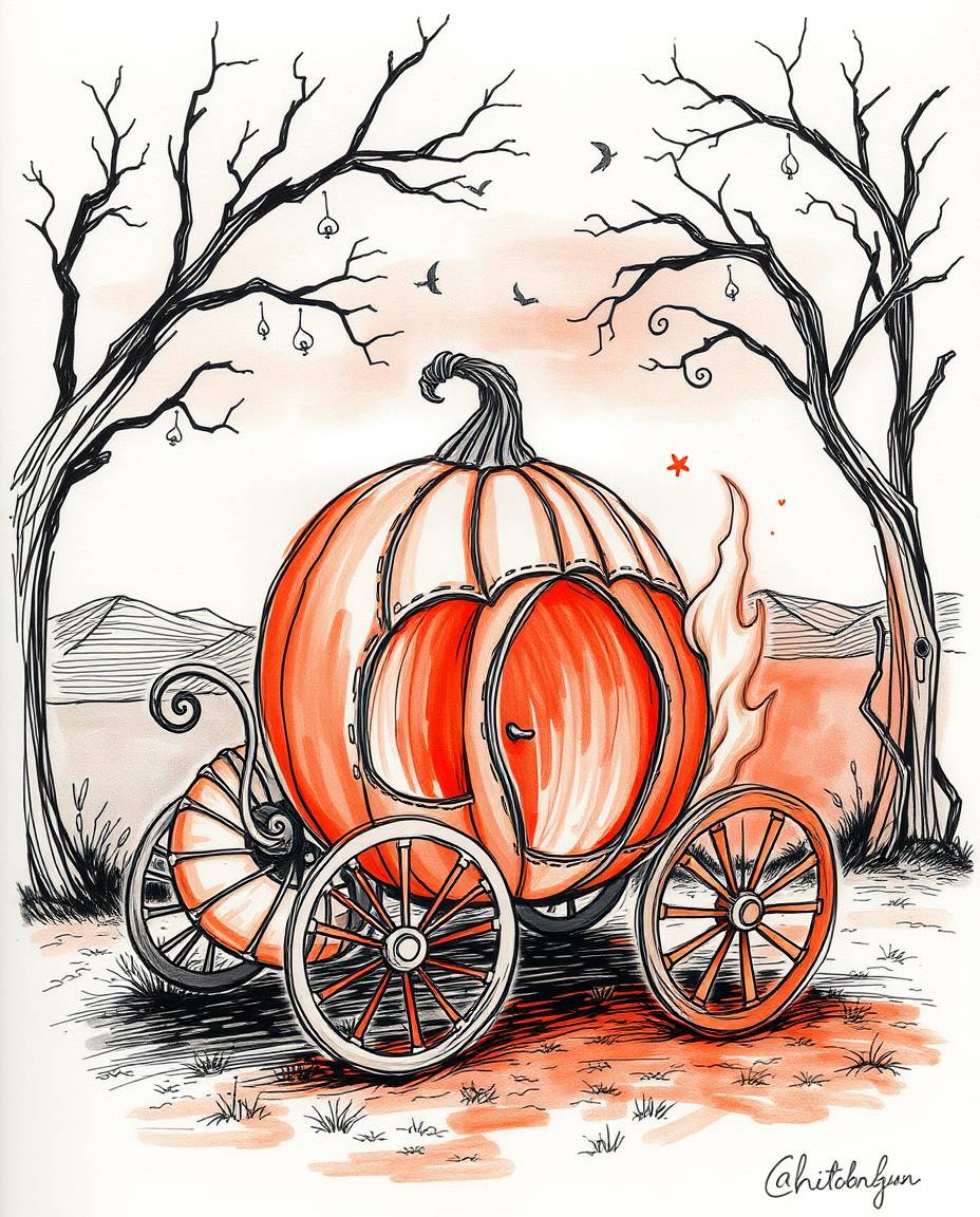 A captivating hand-drawn sketch depicts a magical pumpkin transforming into a carriage, rendered in surreal infrared tones.  