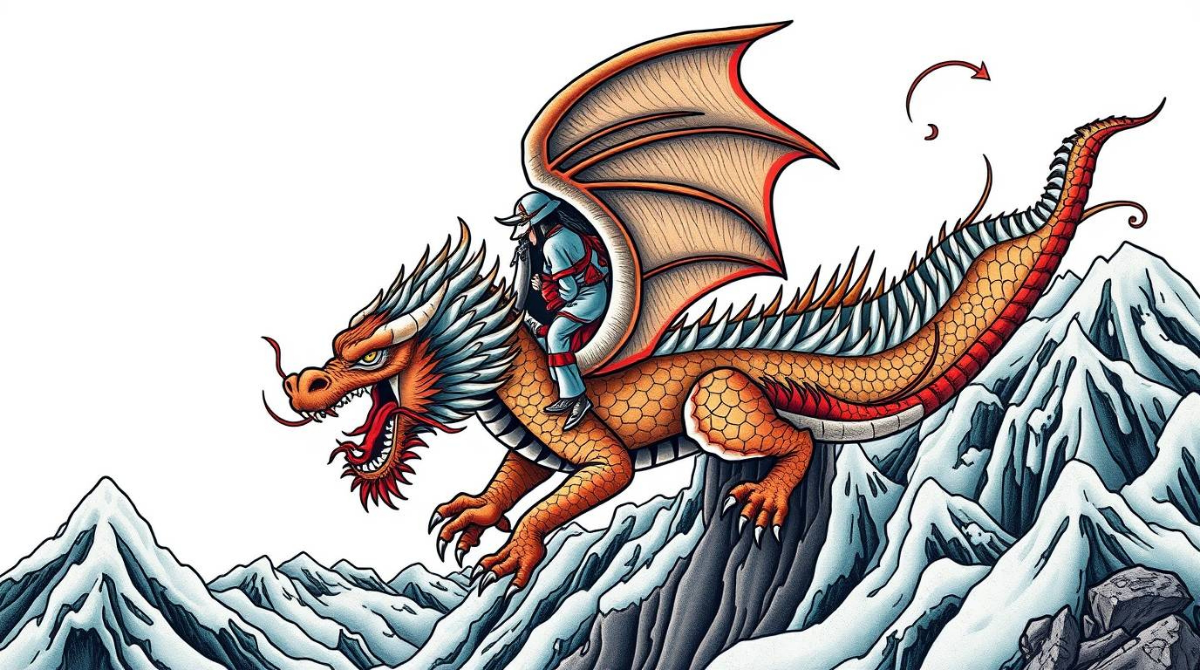 This symbolic traditional tattoo art print features a dragon and rider soaring above majestic icy mountains. The design incor