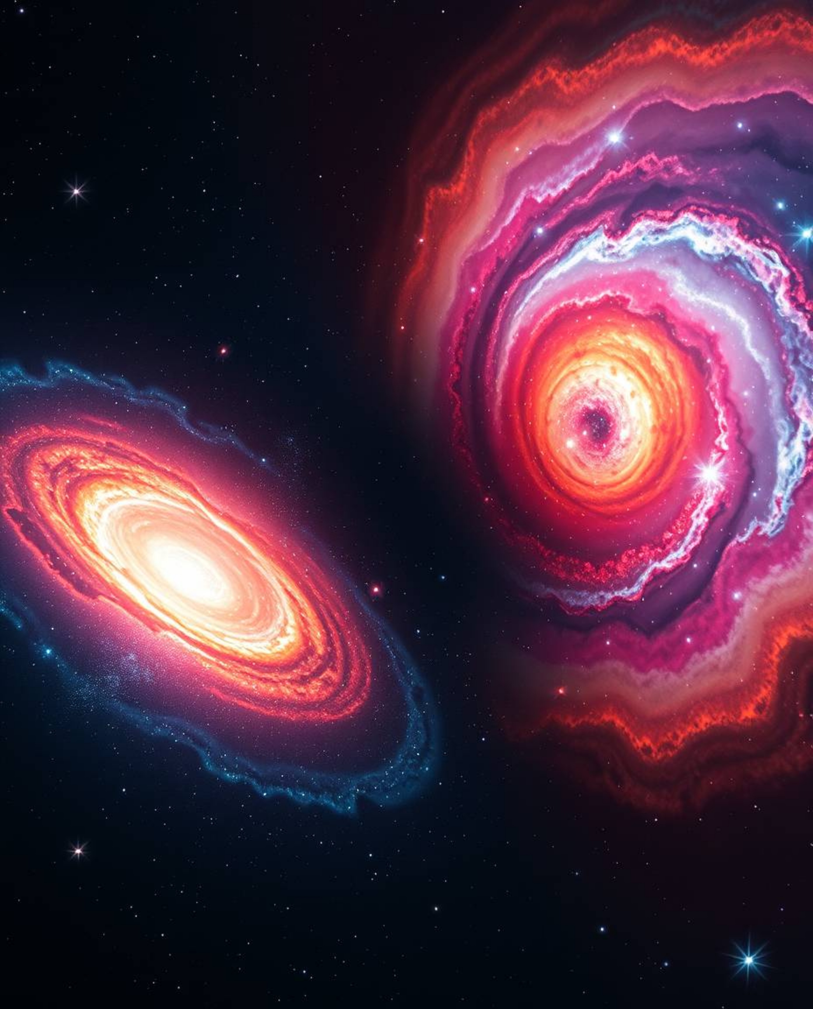Experience the awe-inspiring spectacle of colliding galaxies in a cosmic explosion of light and color. This image utilizes hi
