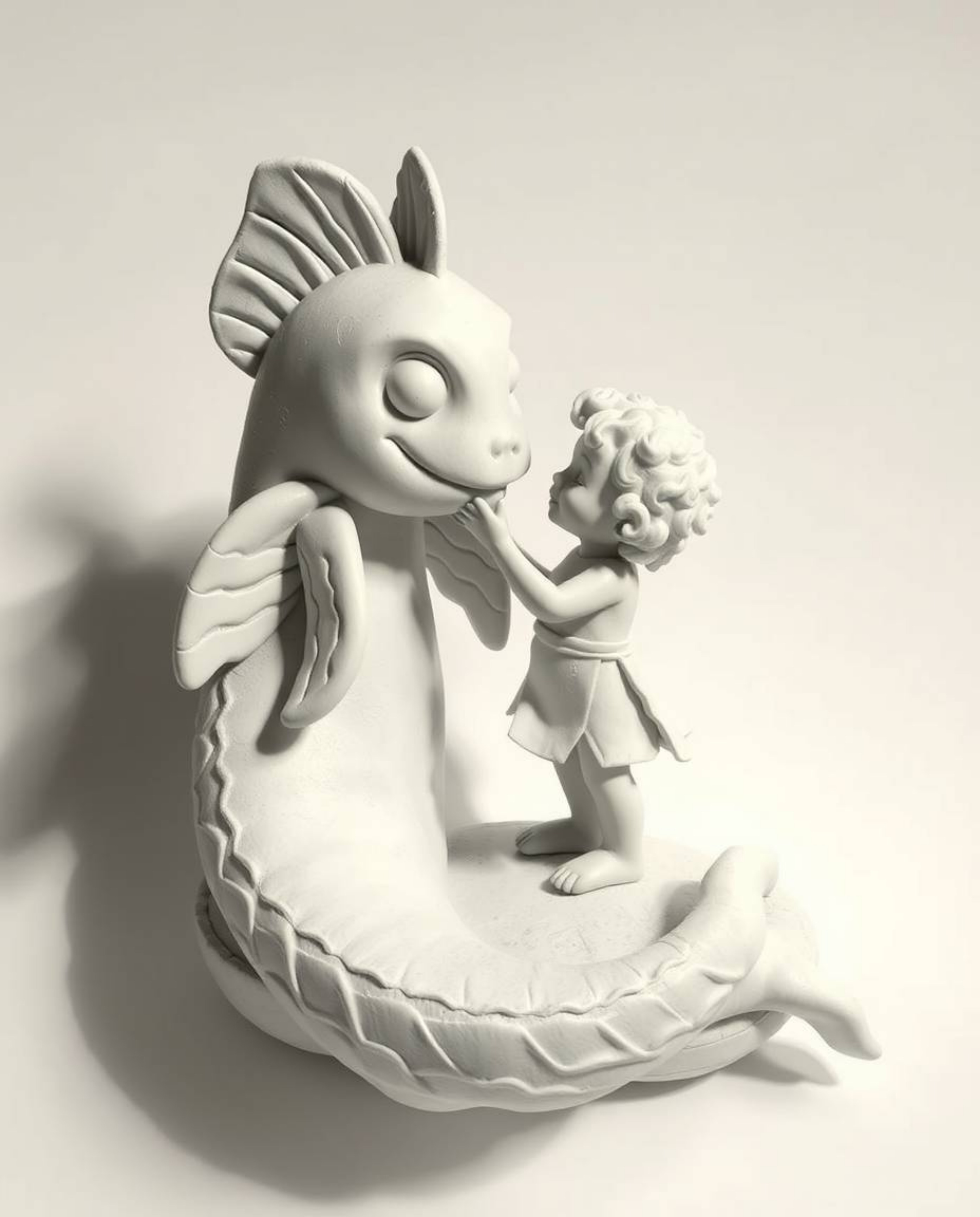 Discover a timeless, elegant black and white sculptural clay artwork depicting an unlikely friendship between a sea creature 