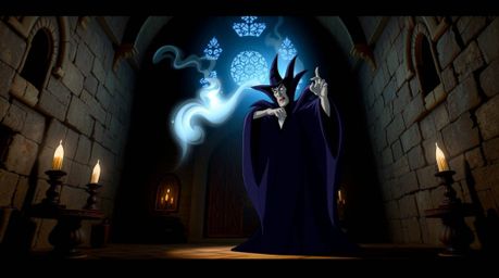 A captivating image depicting a classic Disney villain casting a spell within an ancient castle. Rendered in the style of cla