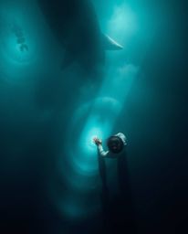An overhead, bird's-eye view showcases a captivating scene where volumetric lighting dramatically illuminates a sea creature