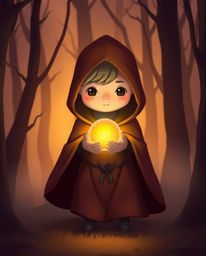 A cloaked figure, rendered in an adorable style with charming features, stands within a misty forest, holding a glowing orb. 