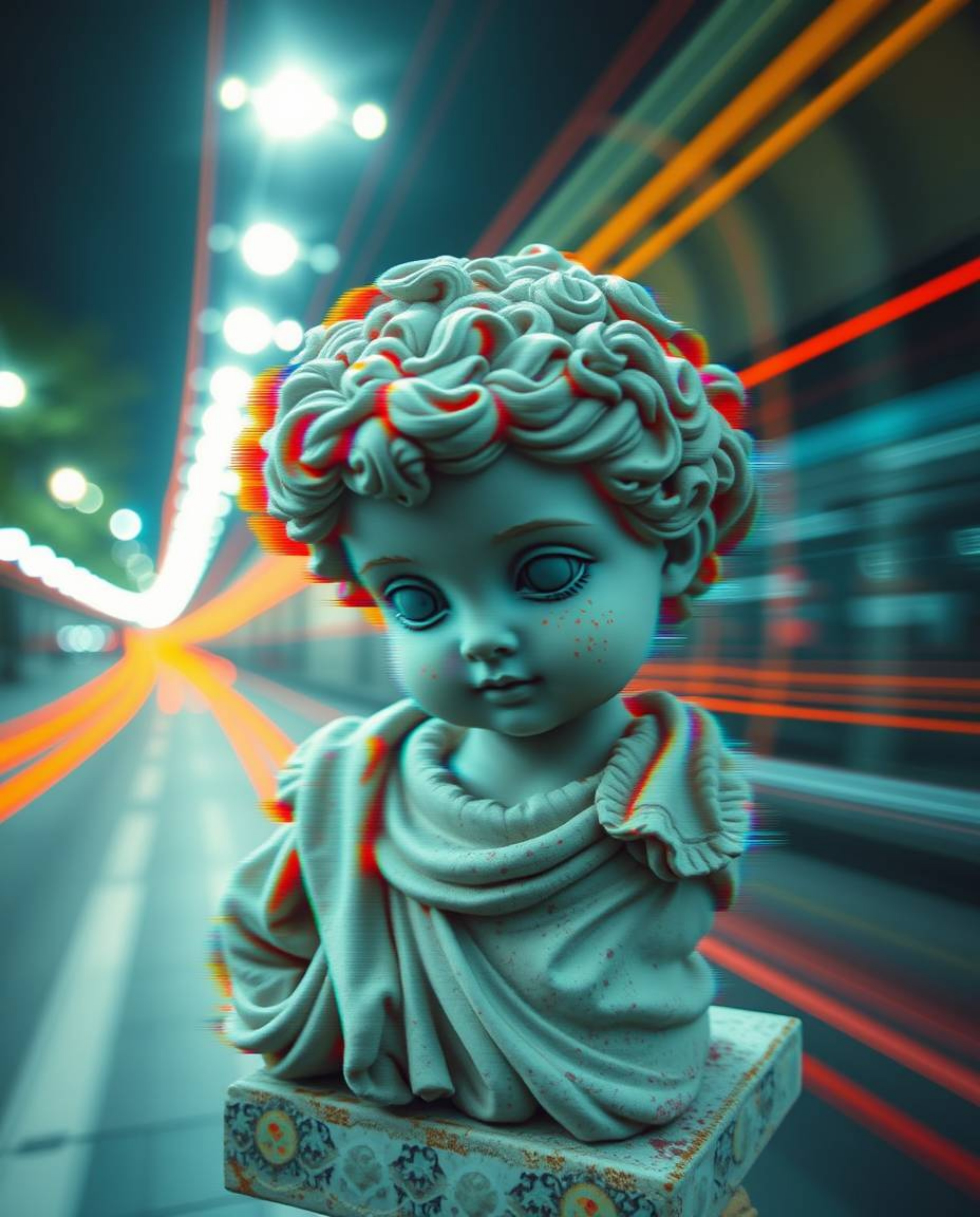A captivating long-exposure photograph showcases a charming classical sculpture adorned with a vibrant glitch effect and digi