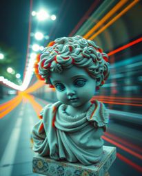 A captivating long-exposure photograph showcases a charming classical sculpture adorned with a vibrant glitch effect and digi