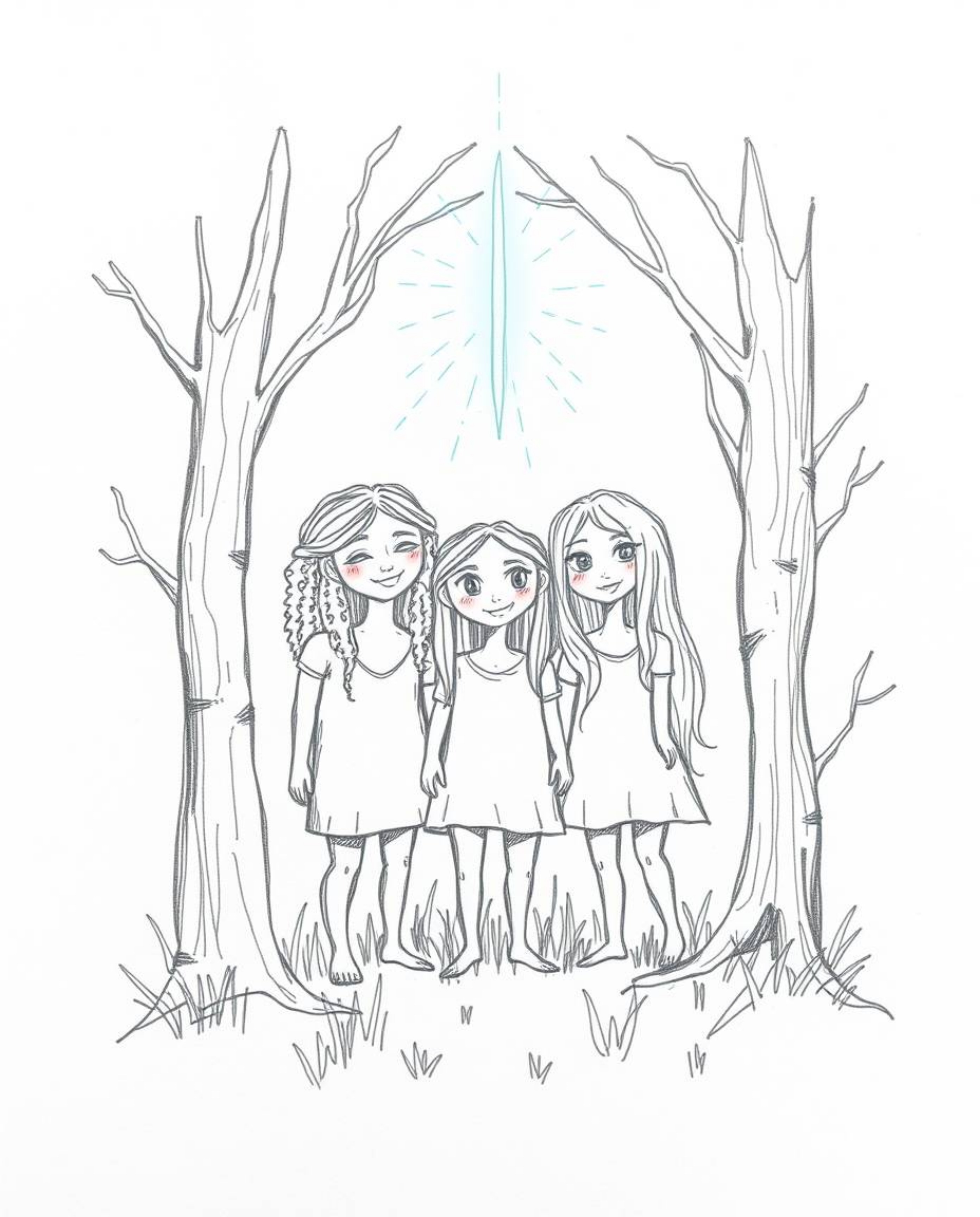 Discover a captivating hand-drawn sketch depicting a group of friends with unique facial features and glowing auras, embarkin