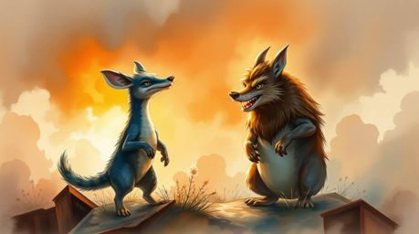 A captivating epic watercolor painting showcases two mischievous talking animals in a grand scene.  Rendered with translucent