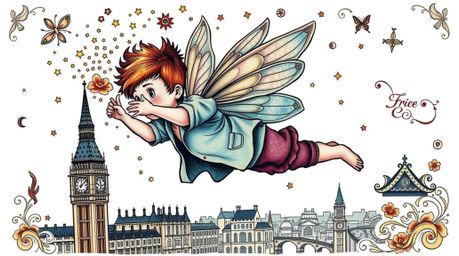 A vibrant traditional tattoo art print depicting a young boy with pixie dust flying above the London skyline.  The design fea