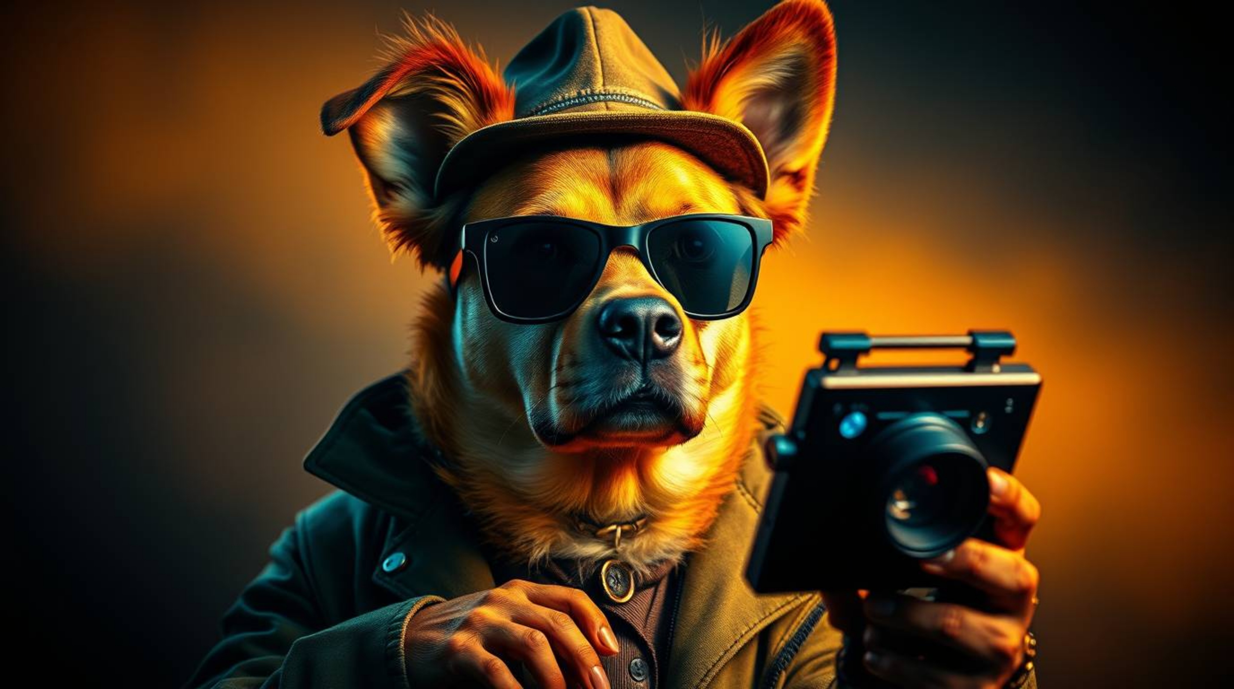 Dive into a captivating world of mystery with this dramatic image of a dog detective utilizing cutting-edge technology.  Inte
