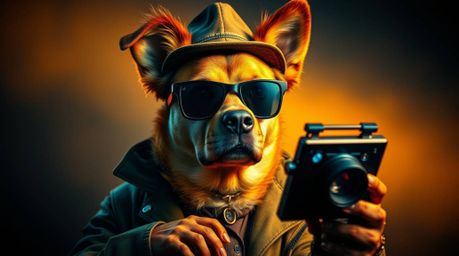 Dive into a captivating world of mystery with this dramatic image of a dog detective utilizing cutting-edge technology.  Inte