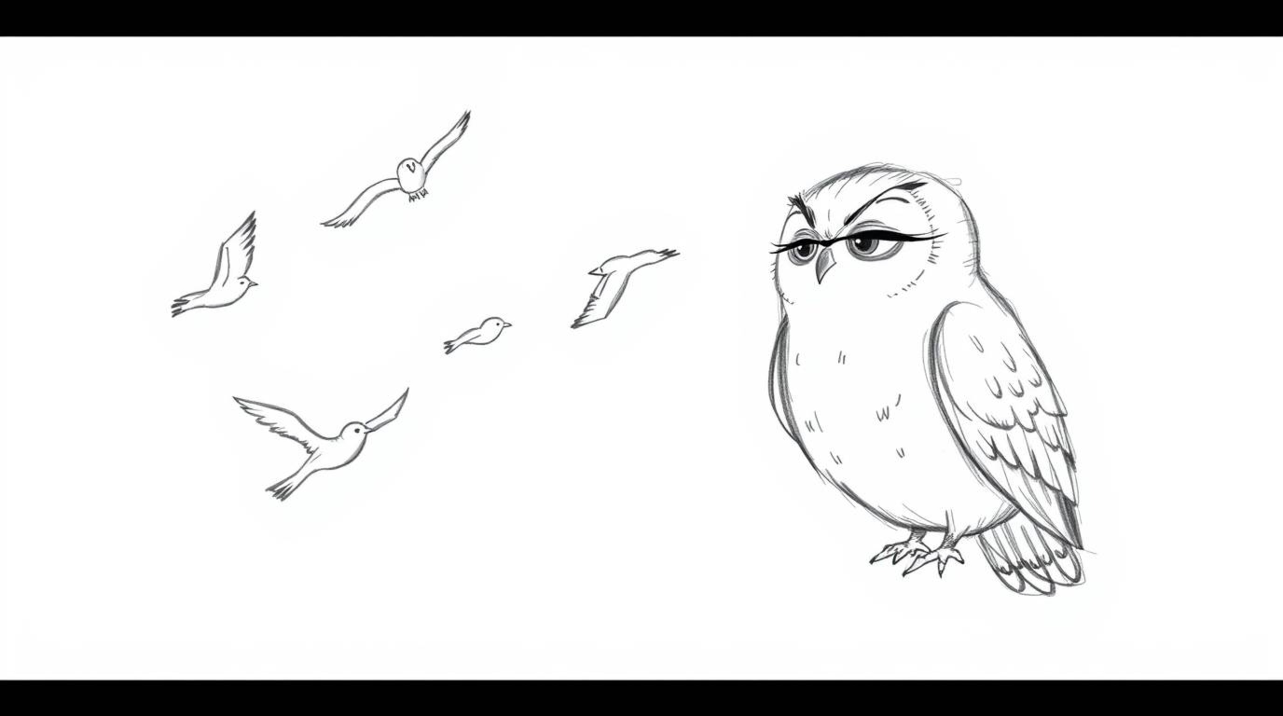 A heartwarming hand-drawn sketch in Pixar style depicting a blind owl with soft, rounded features, passionately teaching a fl