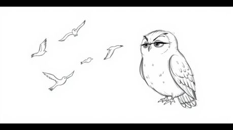 A heartwarming hand-drawn sketch in Pixar style depicting a blind owl with soft, rounded features, passionately teaching a fl
