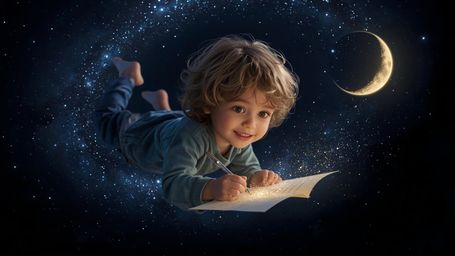 Immerse yourself in cosmic wonder with this vibrant, cinematic photograph reminiscent of Pixar's whimsical style. A young chi
