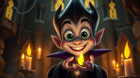A captivating digital painting showcases an adorable Disney villain with enchanting large eyes and a mischievous grin, castin