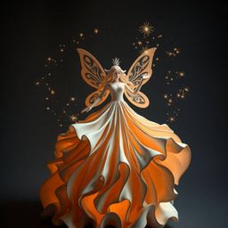 A captivating image of a fairy godmother emerging from a swirl of sparkles, crafted from sculpted papier-mâché. The piece sh