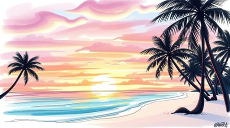 A captivating hand-drawn sketchnote portrays a mystical tropical beach sunset.  Swaying palm trees, soft color contrasts, and
