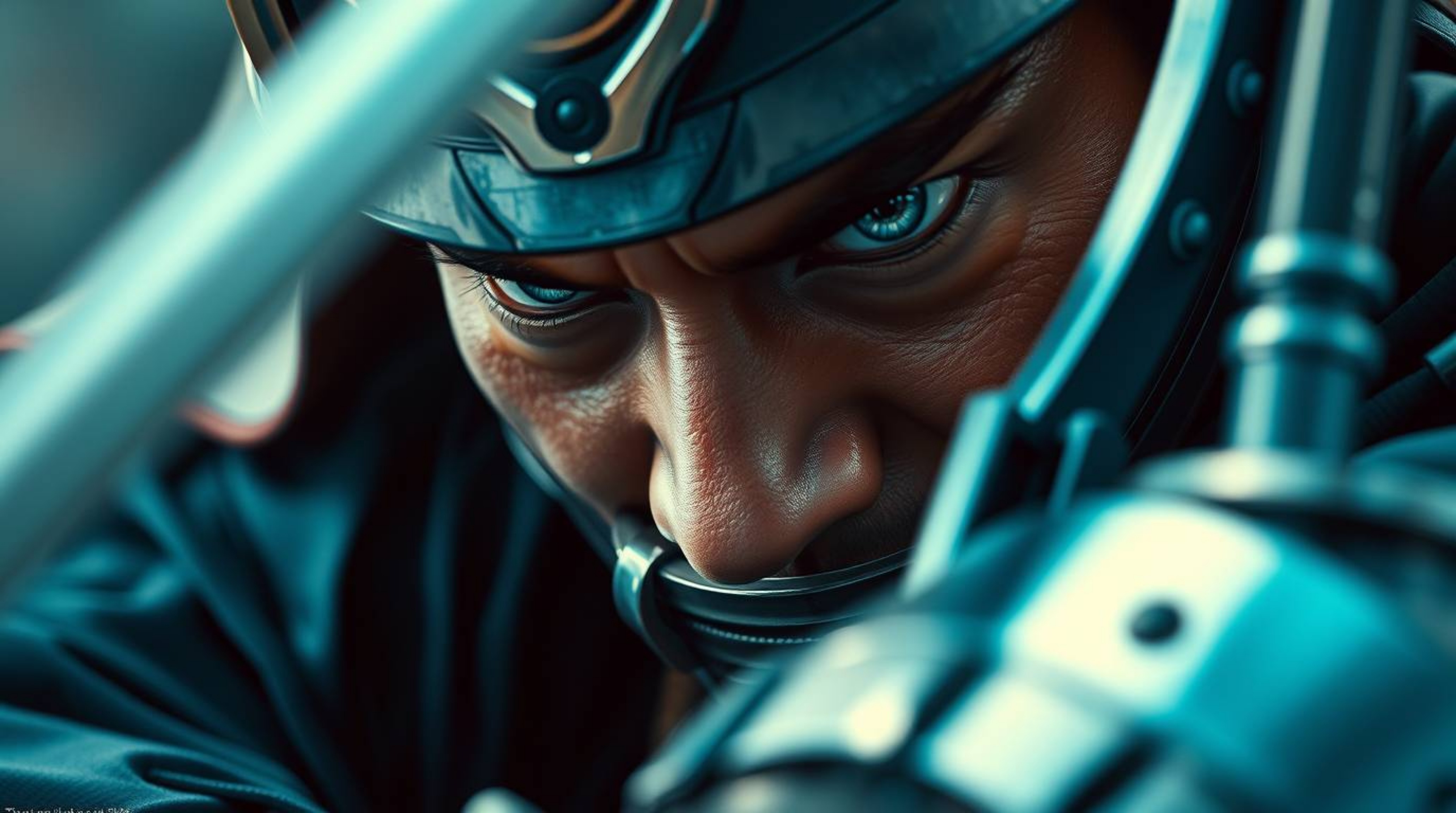 A captivating close-up depicts an intense battle between a samurai and a robot in a dystopian world. The image showcases the 