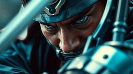 A captivating close-up depicts an intense battle between a samurai and a robot in a dystopian world. The image showcases the 