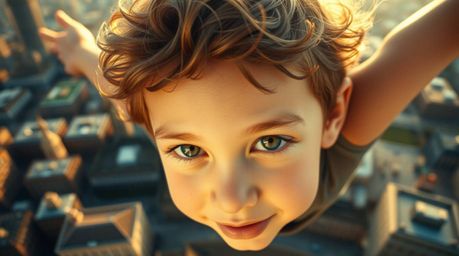 A captivating close-up showcases a radiant young boy soaring above the London cityscape bathed in a warm, golden light. The m