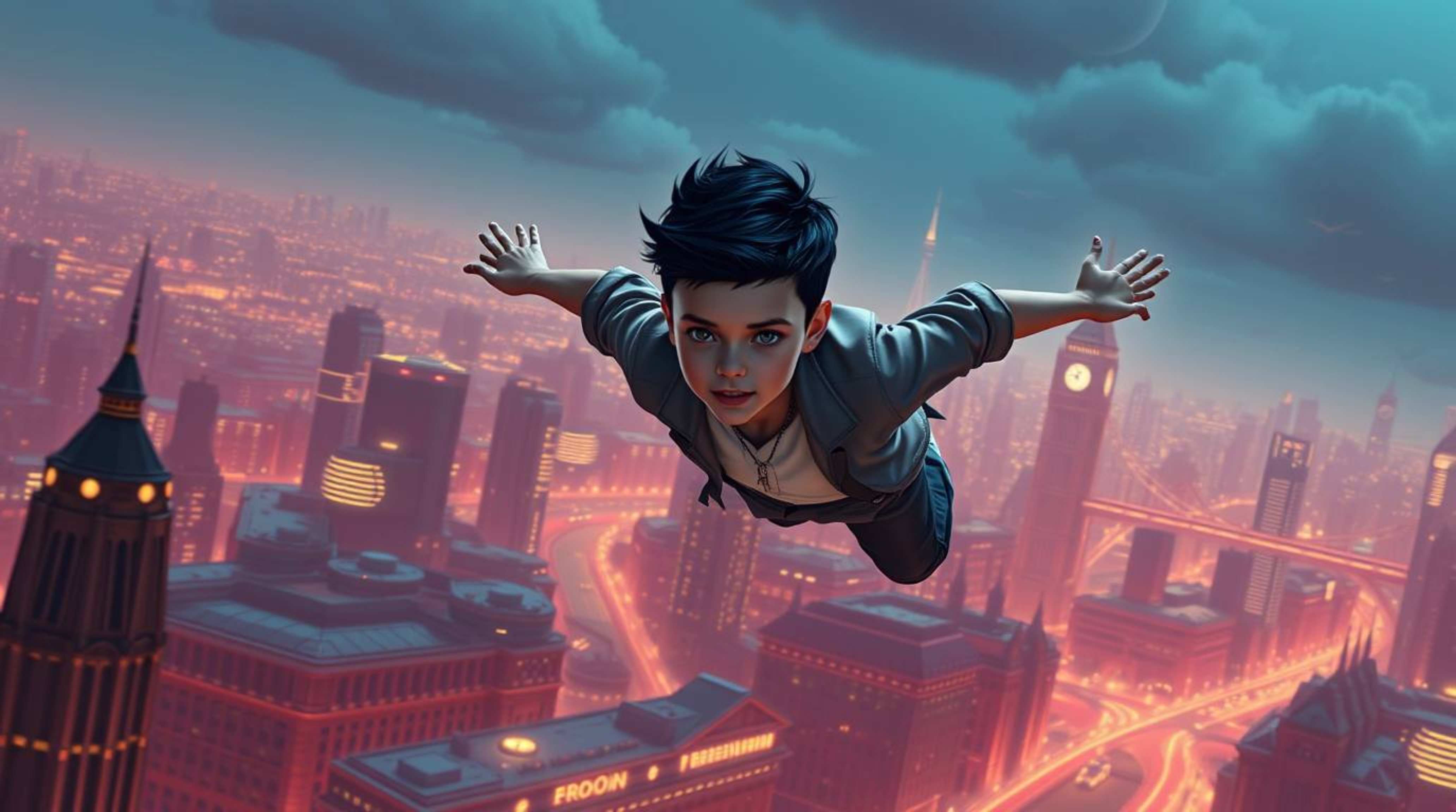 A young boy with sleek black hair soars above a futuristic London cityscape, rendered in a sophisticated sci-fi style. The sc