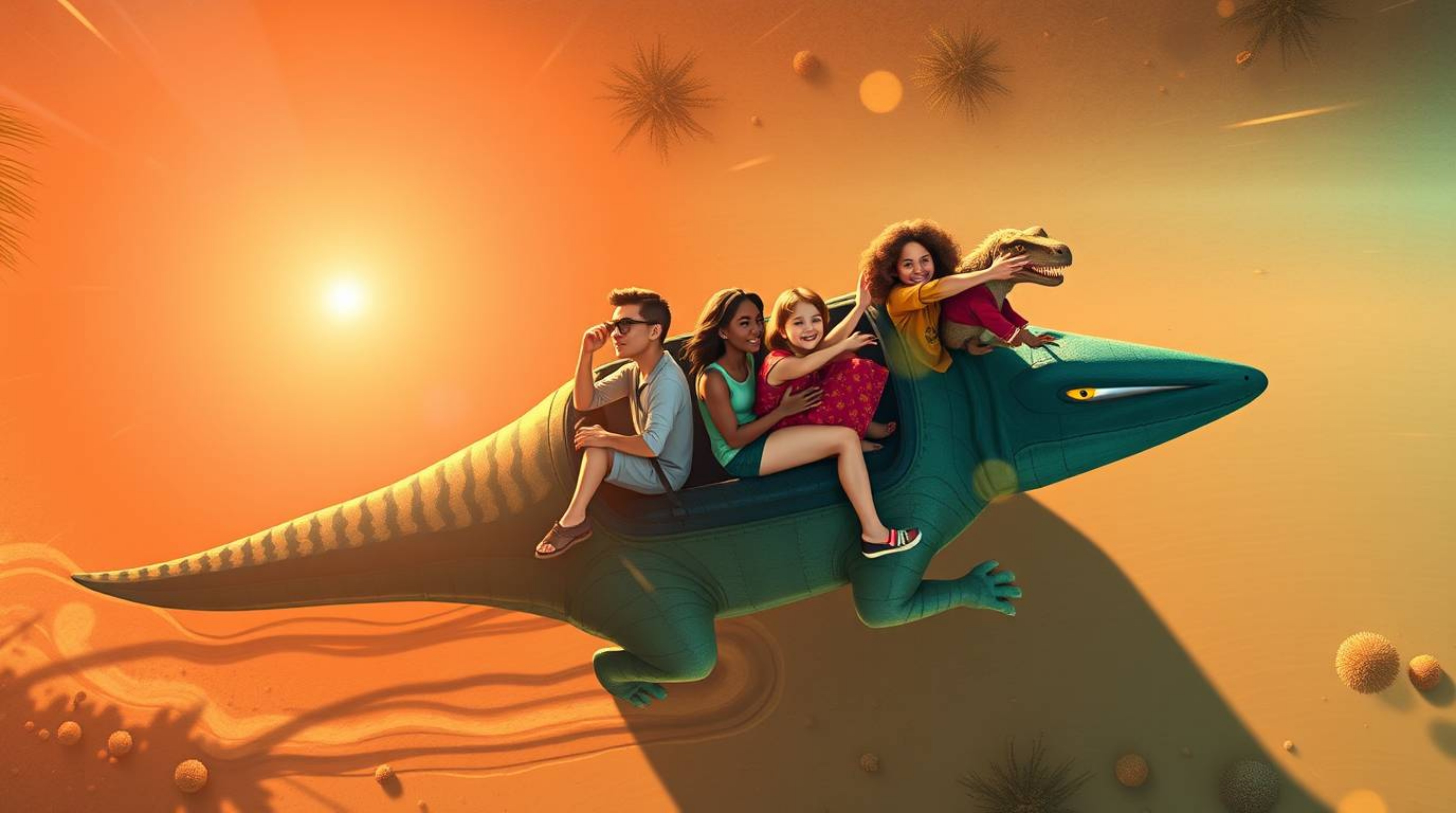 A captivating bird's-eye view illustration showcases a prehistoric family enjoying a thrilling ride in a dinosaur-shaped car.