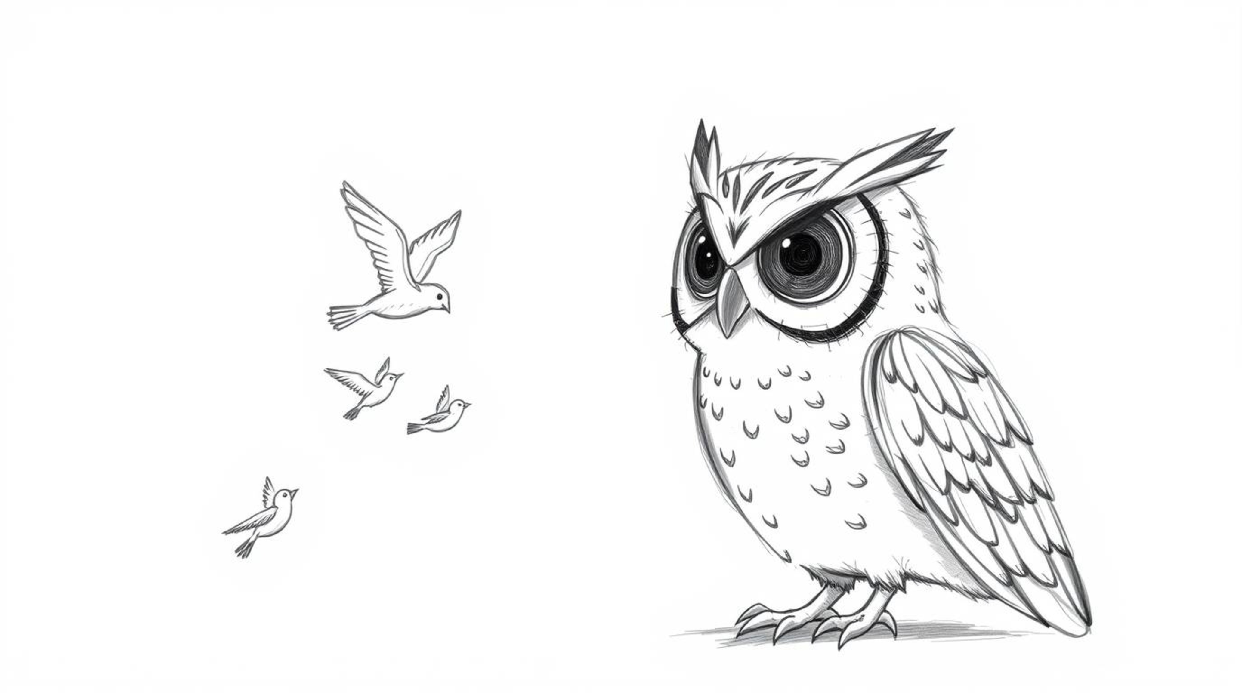 A heartwarming hand-drawn sketch in Pixar style depicts a blind owl with large, expressive eyes calmly mentoring small birds 