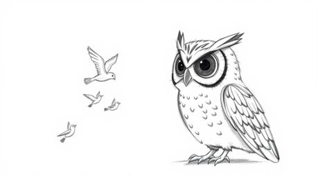 A heartwarming hand-drawn sketch in Pixar style depicts a blind owl with large, expressive eyes calmly mentoring small birds 