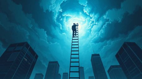 Explore an unsettling depiction of success with this eerie illustration featuring a businessperson climbing a transparent lad