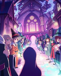 Explore a captivating isekai anime-style illustration of a magical school teeming with young wizards. Rendered in soft pastel