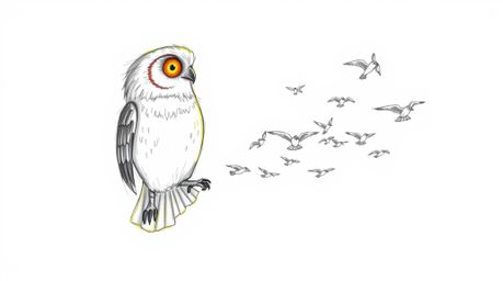 A heartwarming hand-drawn sketch in Pixar style depicts a blind owl, its feathers radiating a golden glow in a sunbeam, gentl