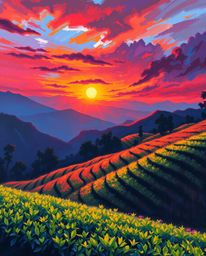 A bold acrylic painting depicting a dramatic cinematic sunset over terraced tea plantations. The artwork uses textured brushs
